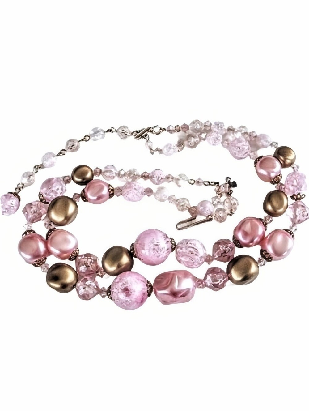 💕 Vintage 2 Strand Pink AB Glass Crystal Pearl Bead Layered Necklace W. Germany